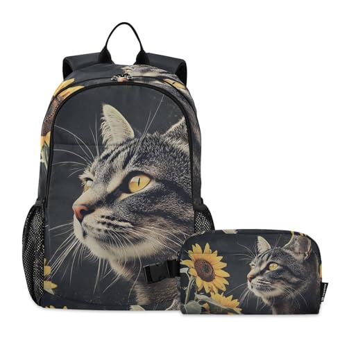 Backpack Lunch Bag Set for Travel Hiking Picnic, Cat Sunflower Print Backpacks with Insulated Lunch Box