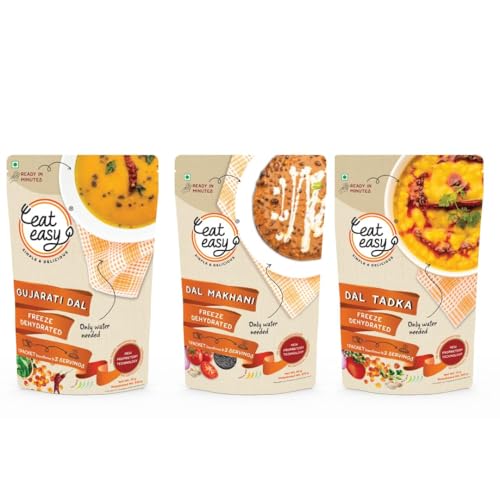 Image of Eat Easy Ready To Eat Dal Combo of 3- Dal Tadka, Dal Makhani, Gujarati Dal | Just Add Hot Water & Cook, Each Pack Serves 2 | Freeze Dehydrated Delicious Instant Food for Camping, Trekking, Hostel Office