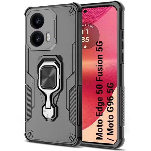 Image of TheGiftKart Tough Armor Bumper Back Case Cover for Motorola Moto Edge 50 Fusion 5G / Moto G96 5G | Ring Holder & Kickstand in-Built | 360 Degree Protection Back Case Cover (PC & TPU, Black)