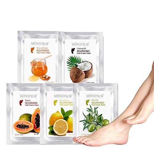 Foot Mask, 5 Pack, For Cracked Heels, Dead Skin & Calluses - Make Your Feet Baby Soft, Smooth Skin, Remove & Repair Rough Heels, Dry Toe Skin [Honey,Coconut,Lemon,Avocado,Olive Oil]