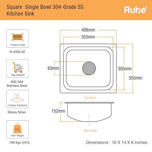 Image of Ruhe Hydraulic Square Single Bowl Kitchen Sink - 16x14x6 inches | 304-Grade Stainless Steel Sink with Glossy Finish | Kitchen Sink Including Coupling and Waste Pipe