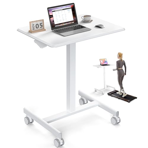 Image of DUMOS Mobile Rolling Desk with Wheels Adjustable Height Small Standing Desks Portable Laptop PC Table Computer Workstation for Home Office Small Space White