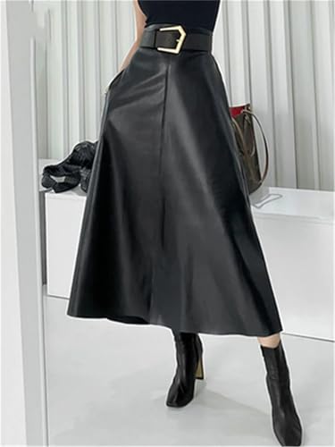 Women Winter Classic Faux PU Leather Long Skirts with Belted High Waist Midi Skirts Female3