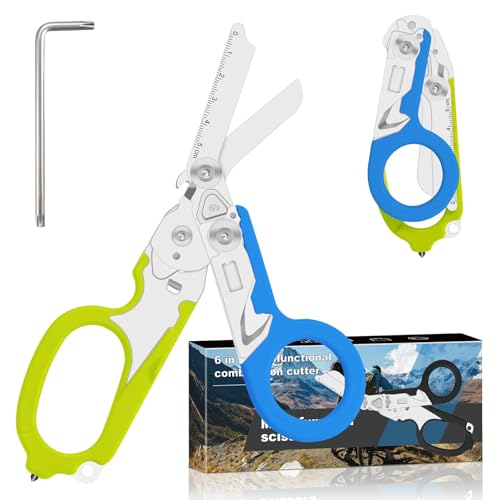 Image of Lemasa6 in 1 Multifunctional Combination Tool, Folding Retractable Emergency Shears, Outdoor Camping Tools, Seat Belt Cutter, Oxygen Cylinder Wrench, Complimentary Adjustable Wrench (blue-green)