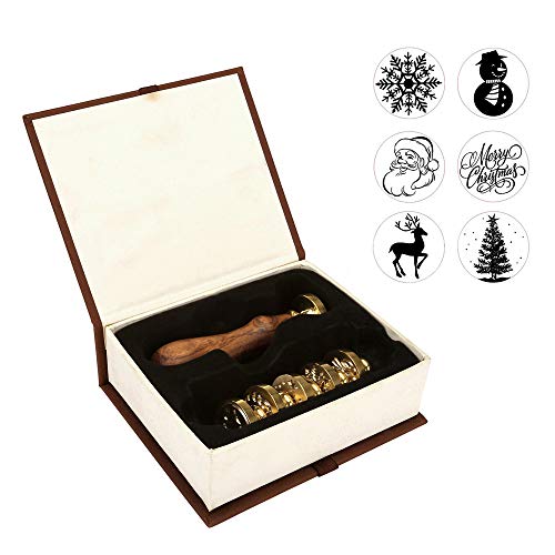 Christmas Wax Seal Stamp Set, Yoption 6 Pieces Sealing Wax Stamps Copper Seals + 1 Piece Wooden Hilt Vintage Retro Classical Initial Sealing Wax Stamp Kit (Merry Christmas Suit) #TOP6