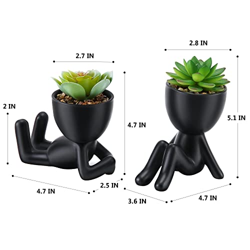 Fake Succulent, Mini Succulents Plants Artificial In Black Modern Human Shaped Ceramic Pots Cute Desk Decor Desk Plant For Office Decor For Women, Cute Fake Plants Bathroom Decor 2Pcs #TOP6