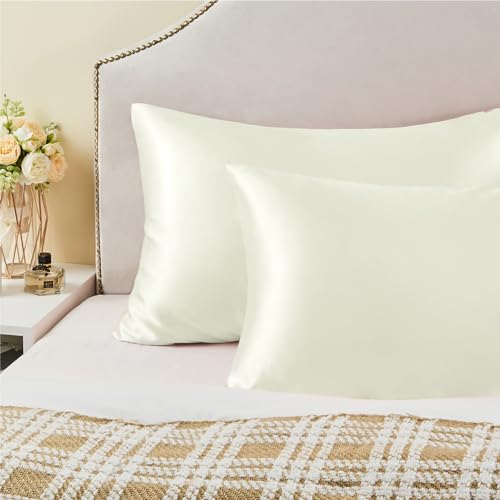 BEDELITE Satin Pillowcase with Zipper, Ivory King Size Pillow Cases Set of 2, Super Soft and Cooling Similar to Silk Pillow Cases, Gift for Women Men(20x36 Inches)