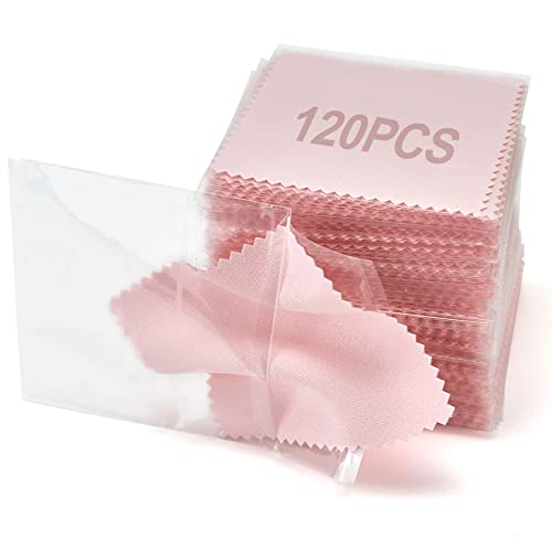 PINGMIC 120PCS Jewelry Cleaning Cloth, Professional Polishing Cloth Individually Wrapped, Pink Silver Polishing Cloth for Jewelry Sterling Silver Gold Platinum Watch Coins and More (3.15" x