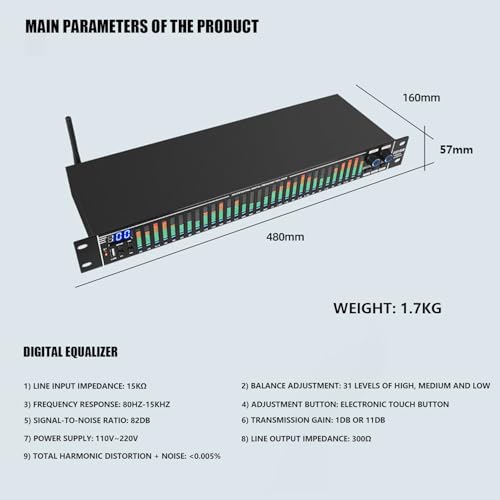 Image of kh Professional 31-Band Digital Audio Equalizer Rack Mount Stereo Graphic EQ with Real-Time Frequency Display Noise Reduction Spectrum Analyzer Studio & Live Sound Audio Processor