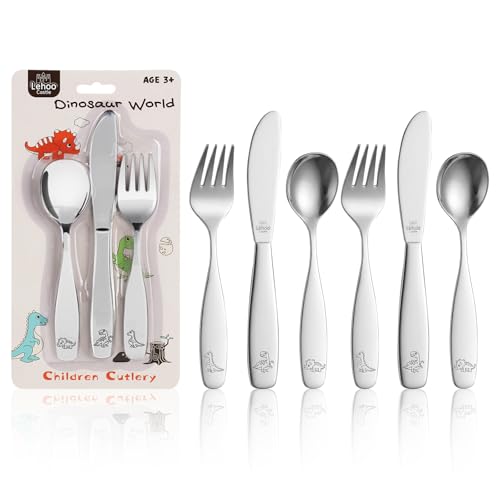Lehoo Castle Couvert Enfant, 6 PCS Couvert Enfant Inox, 2 x Fourchette, 2 x Couteau, 2 x Cuillere, Set Couvert Bebe pour Garçons Filles de 3+ Ans