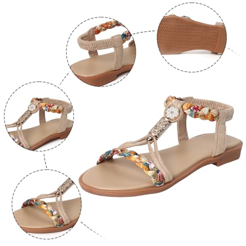 IWIHMIV Girls Sandals Open Toe Summer Casual Beach Open Toe Shoes Flat Bohemian Dress Sandals with Elastic Strap3