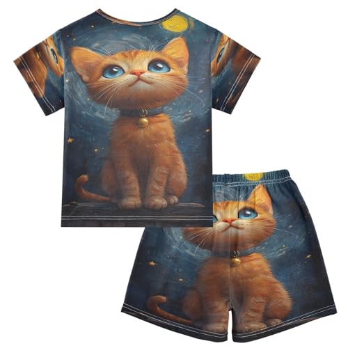 ALAZA Van Gogh Cat Moon Kitten Galaxy Pajamas Set Short Sleeve Cotton Sleepwear Summer Pjs 2 Piece 5-14Y2