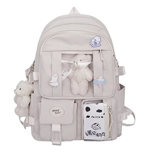 School Backpack for Teen Girls Back to School Aesthetic Cute Adorable Lovely with Pin and Cute Accessory (White)