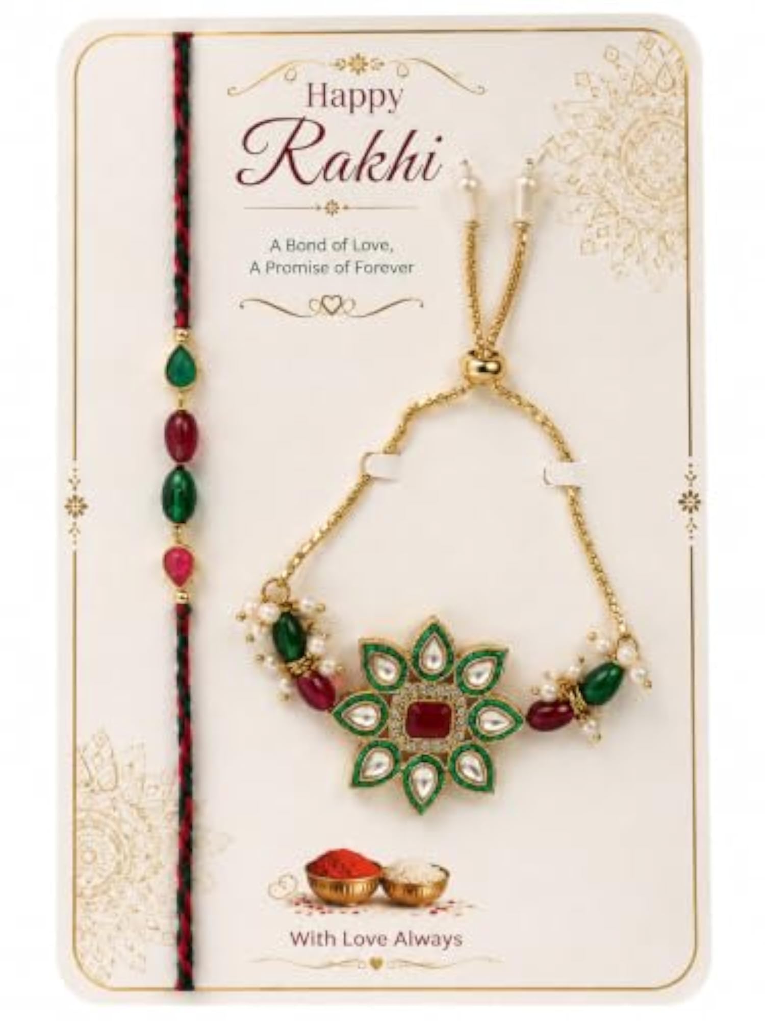 Designer Kundan Floral Rakhi with Adjustable Bracelet & Traditional Thread Rakhi Combo