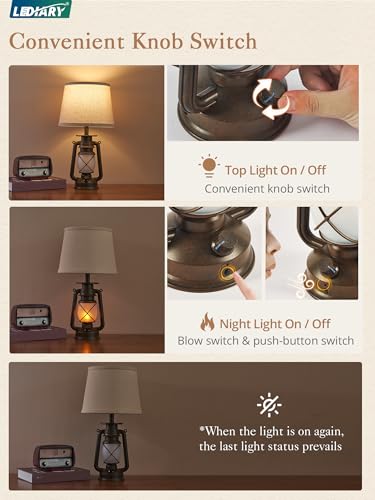 LEDIARY 18.72" Blow-Controlled LED Lantern Flickering Flame Table Lamps for Bedrooms Set of 2, Small Farmhouse Rustic Bronze End Table Lamps, Halloween Decorative Lantern Bedside Lamps for Living Room