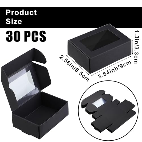 Zonon 30 Pcs Soap Boxes for Homemade Packaging, Mini Kraft Treat Boxes with Window for Bakery Candy Soap Making Gift Packaging (3.7 x 2.6 x 1.37 Inch,Black)