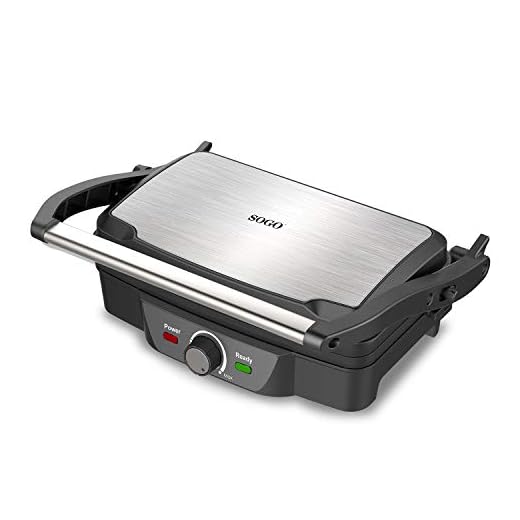 SOGO SS-7127 Parilla electrica, sandwichera y panini grill, con acabado Antiadherente de piedra y apertura 180º, con regulador de temperatura, 1600 Vatios de potencia Color gris metálico y negro
