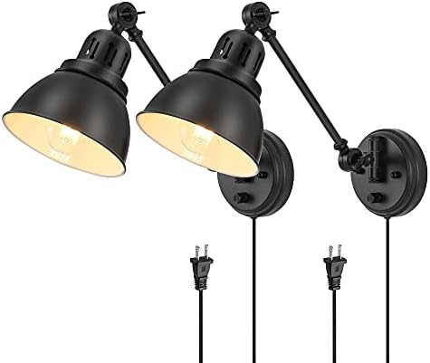 ENCOMLI Plug in Wall Sconces Set of 2, Wall Sconce Lighting with Dimmable On Off Switch, Swing Arm Wall Lamp, Black Metal Industrial Wall Light Fixtures, Safety E26 Base, 6FT Plug in Cord