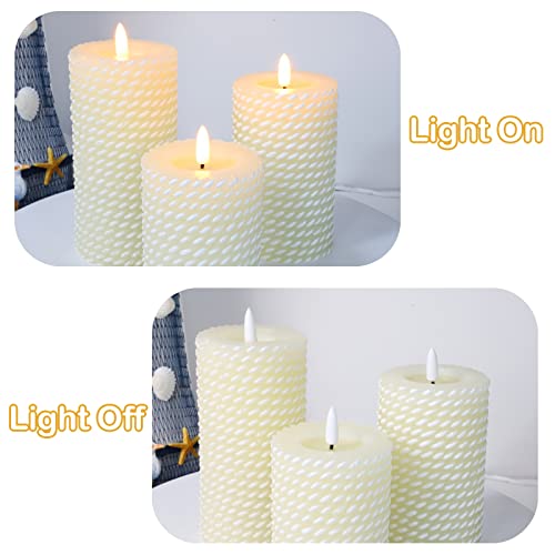 Image of Flameless Candles Set of 3, White Real Wax Rope Theme Battery Operated LED Candles with Remote Control and Timer for Gift Home Festival Decor
