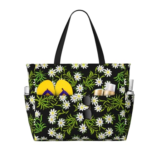 Sac de plage edelweiss alpin suisse floral d'exception, grand cabas fourre-tout de qualité