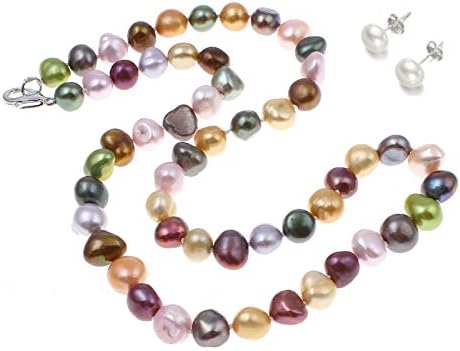 Treasure Bay MultiColour 8-9mm Baroque FreshWater Pearl Jewellery Set for Women Ladies Girls Pearl Necklace Bracelet Earrings Gift for Her Mum - Image 3