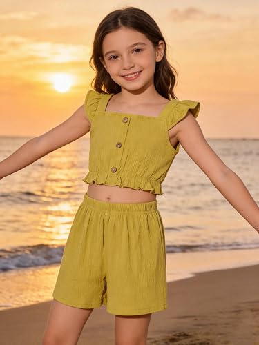 Image of Girl's Summer Clothing Sets Knit Ruffle Striped T-Shirt and Shorts 2 Piece Outfits