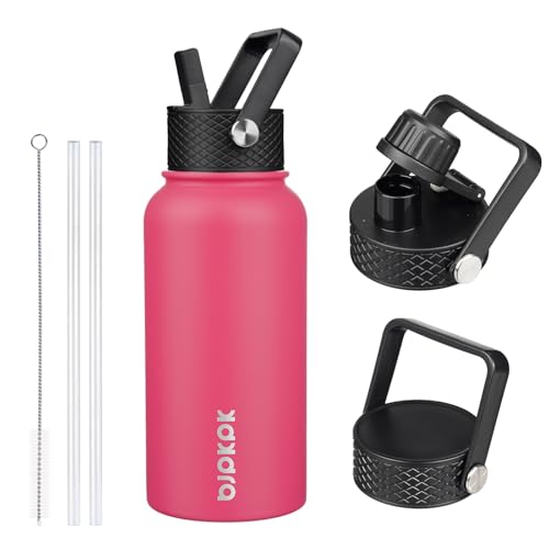 Image of BJPKPK Insulated Water Bottles with Straw Lid, 27oz Stainless Steel Water Bottle with 3 Lids, Leak Proof BPA Free Metal Thermo, Mugs, Tumblers, Keep Cold Hot - Rose Pink