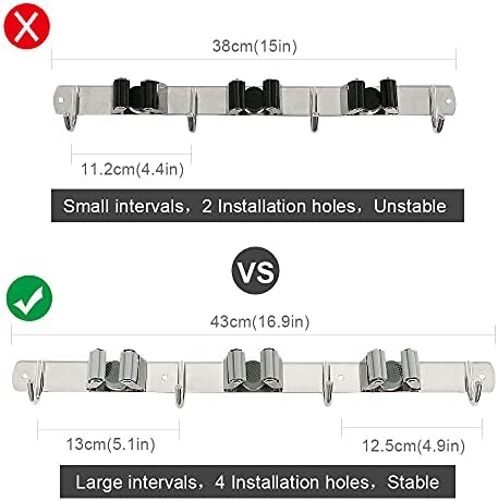 Broom Mop Holder, Mop Broom Brush Organizer Wall Mounted Heavy Duty Stainless Steel Tool Hanger with 3 Racks 4 Hooks Ideal for Home, Kitchen, Garden, Garage, Laundry