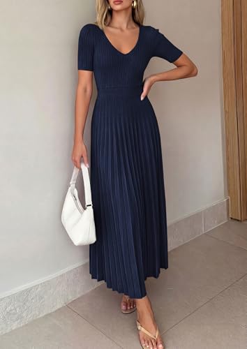 Image of PRETTYGARDEN Women's 2026 Spring Midi Sweater Dresses Elegant Pleated Ribbed Knit Short Sleeve V Neck A Line Summer Outfits