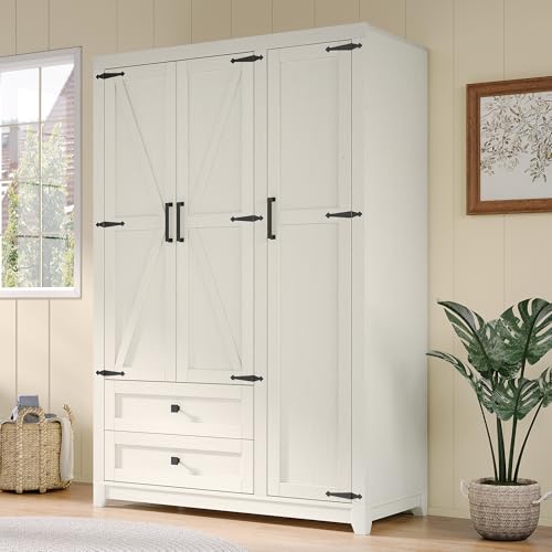 image for AMERLIFE Farmhouse 3 Door Wardrobe Closet with 2 Drawers & Hanging Rod