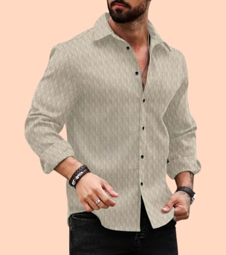 Image of DEELMO Men's Regular Fit Button Down Dress Shirts Textured Long Sleeve Casual Hawaiian Shirt (in, Alpha, XL, Regular, CHIKU-New)