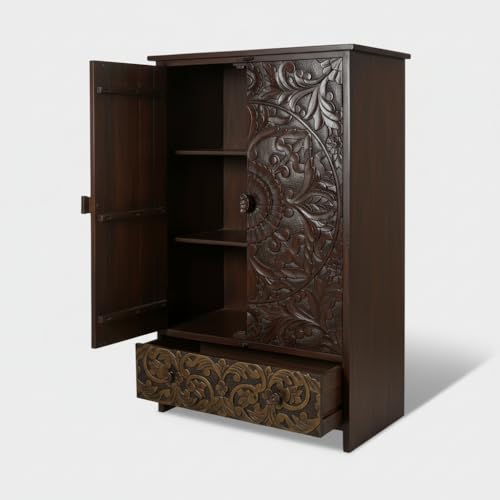 Image of APRODZ Wooden Wardrobe for Bedroom | Scolpito 2 Door Mango Wood Wardrobe with 1 Drawer | Space Saving Wardrobe for Storage, Clothes Cupboard & Wooden Almirah for Bedroom,(Mahogany + Green Brown Finish