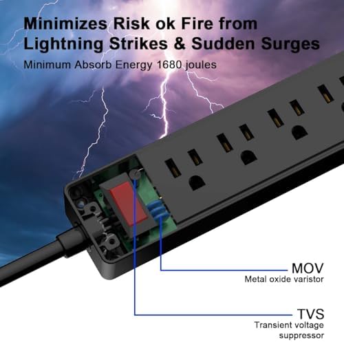6Ft Power Strip Surge Protector - Yintar Extension Cord with 6 AC Outlets and 3 USB Ports for for Home, Office, Dorm Essentials, 1680 Joules, ETL Listed, (Black) — view 4