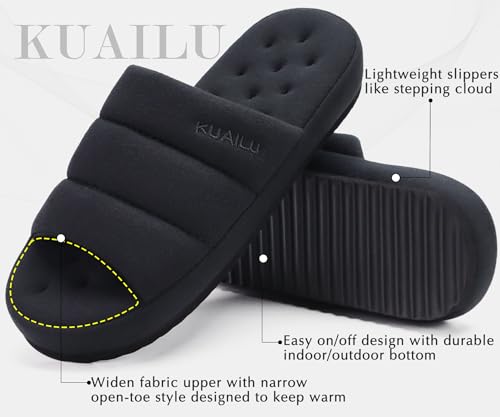 KuaiLu Men's Fashion Quilted Cotton-blend Fabric Sandal Slippers Cozy Memory Foam Indoor/Outdoor House Shoes with Lightweight Soft Cushion Footbed Hard Rubber Sole4