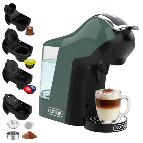 KOTLIE EM 308B Cafetera de cápsulas 5 en 1,19 bar, para Nespresso Original/Dolce Gusto/ESE Pads(44 mm)/café en polvo, depósito de agua de 1 L, 3 temperaturas,7 cantidades de agua, Verde