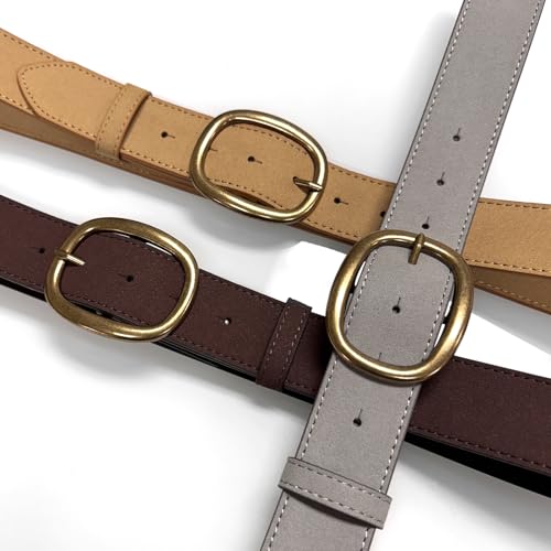 Rounded Edge & Antique Gold Oval Buckle Casual Jean Suede Leather Belt 1-1/2"(38mm) or 1"(25mm) Wide3