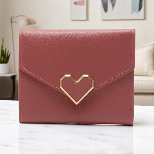 1Pcs Money Wallet 3-Fold Heart-Shaped Card Holder PU Leather Deep Pink 11.5x9cm