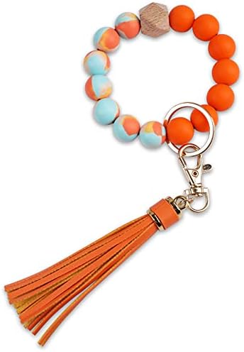 GIEMSON Silicone Key Ring Bracelets Wristlet Keychain Car Beaded Key Ring Bangle Chains for Women（Orange）