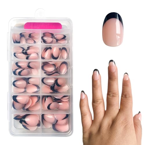 Uñas Postizas Francesas, 120 pz de Uñas Cortas en Forma de Almendra, ZAHRVIA Uñas de Imitación Corta Francesas X-Coat Tips con Pre-Aplicado DIY Nail Art (Arco Profundo Corto Redondo)