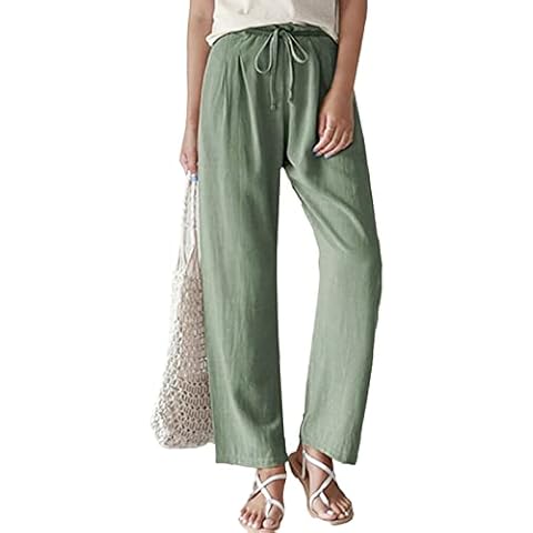 GLIENST Women's Spring and Summer Cotton and Linen Trousers Loose Large Size SweatPalazzos Pants Wide Leg Palazzos Plus Size Pants with Pockets Green X-Large Cover