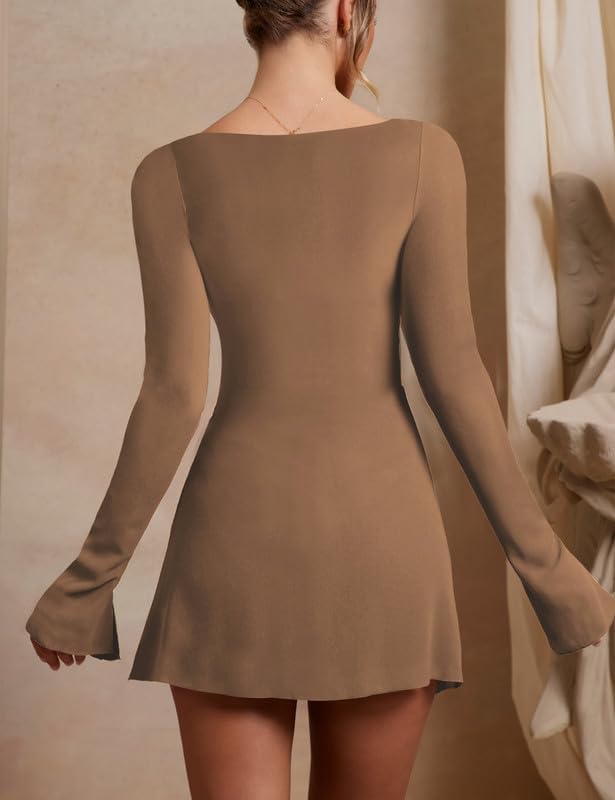 WISFRUIT Women's Sexy Square Neck Bodice Dress Long Sleeve Ruched Side Slit Party Club Mini Dress - Image 4
