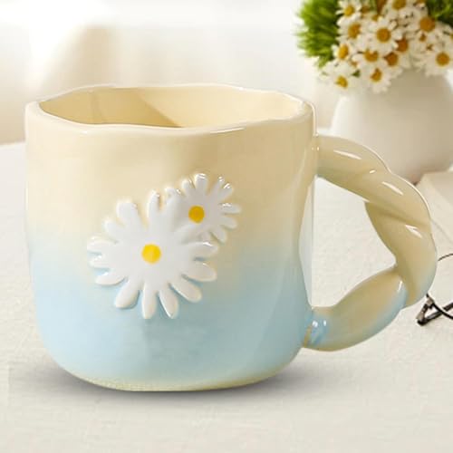 Jolie tasse à café, 400 ml, tasse à thé en céramique, tasse à café Ka-waii, tasse à café faite à la main, tasse en céramique avec motif marguerite, tasse à café créative en céramique à motif floral