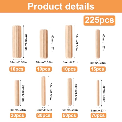 225 Stück Holzdübel Set, Holzdübel 6mm 8mm 10mm, Holzstopfen Dübelstangen, Holzübelstifte, Holznadeln konisch und gerippt für Möbel Basteln Heimwerken Holzarbeit Zubehör(M6 M8 M10)