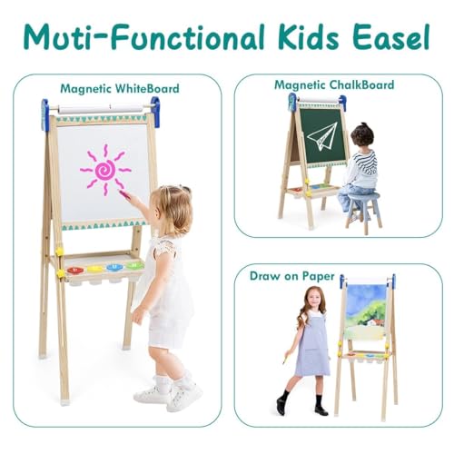 Kinder Staffelei mit Papierrolle 3 in 1,Faltbare Doppelseitiges Whiteboard und Kreidetafel Holz Kunst Staffelei Höhenverstellbar mit Aufkleber Malzubehör Ablageschale für Mädchen Jungen ab 3 Jahre