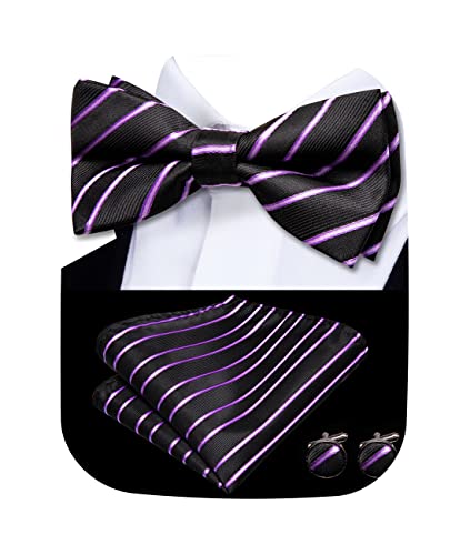 Image of Hi-Tie Black Purple Pre-Tied Bowties for Men Silk Clip On Striped Mens Bowtie Pocket Square Cufflinks Set for Wedding