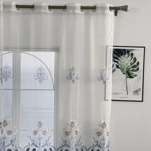 Amidoudou 1 Paar Europäische Luxus Gestickte Transparente Vorhänge Für Wohnzimmer Schlafzimmer Tüll Vorhänge(Weiß und Blau,2-Set H 230 x B 130 cm)