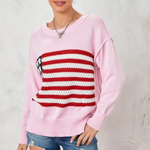 Image of Women American Flag Sweater Loose Vintage USA Sweatshirt Long Sleeve Crewneck Hollow Out 4th of July Jumper
