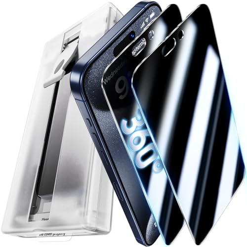 UniqueMe 2 Packs for iPhone 15 Pro Privacy Screen Protector - 360°Anti-Spy 4way Tempered Glass Screen Protector 15 Pro Zero Bubble Case Friendly [Automatic Dust Removal]