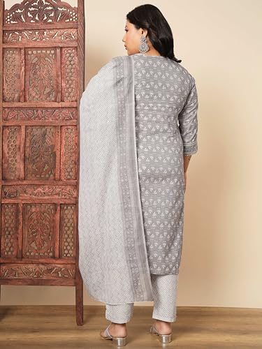 Image of Vbuyz Women's Printed & sequience work A-line Cotton Pink Kurta Pant With Dupatta