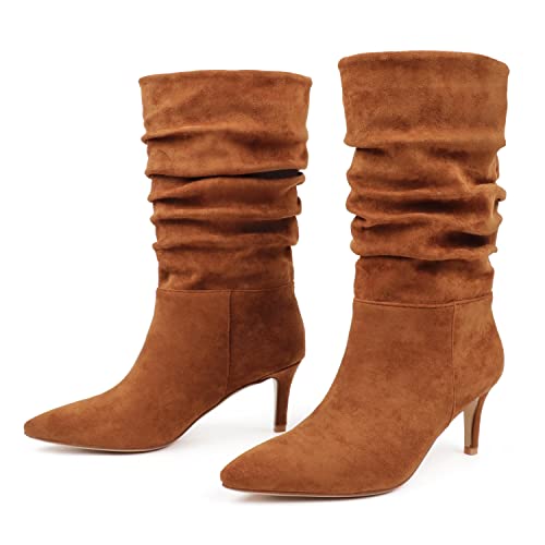 JOY IN LOVE Women's Low Heel Boots, Mid-Calf High Wrinkled Slouchy Boots